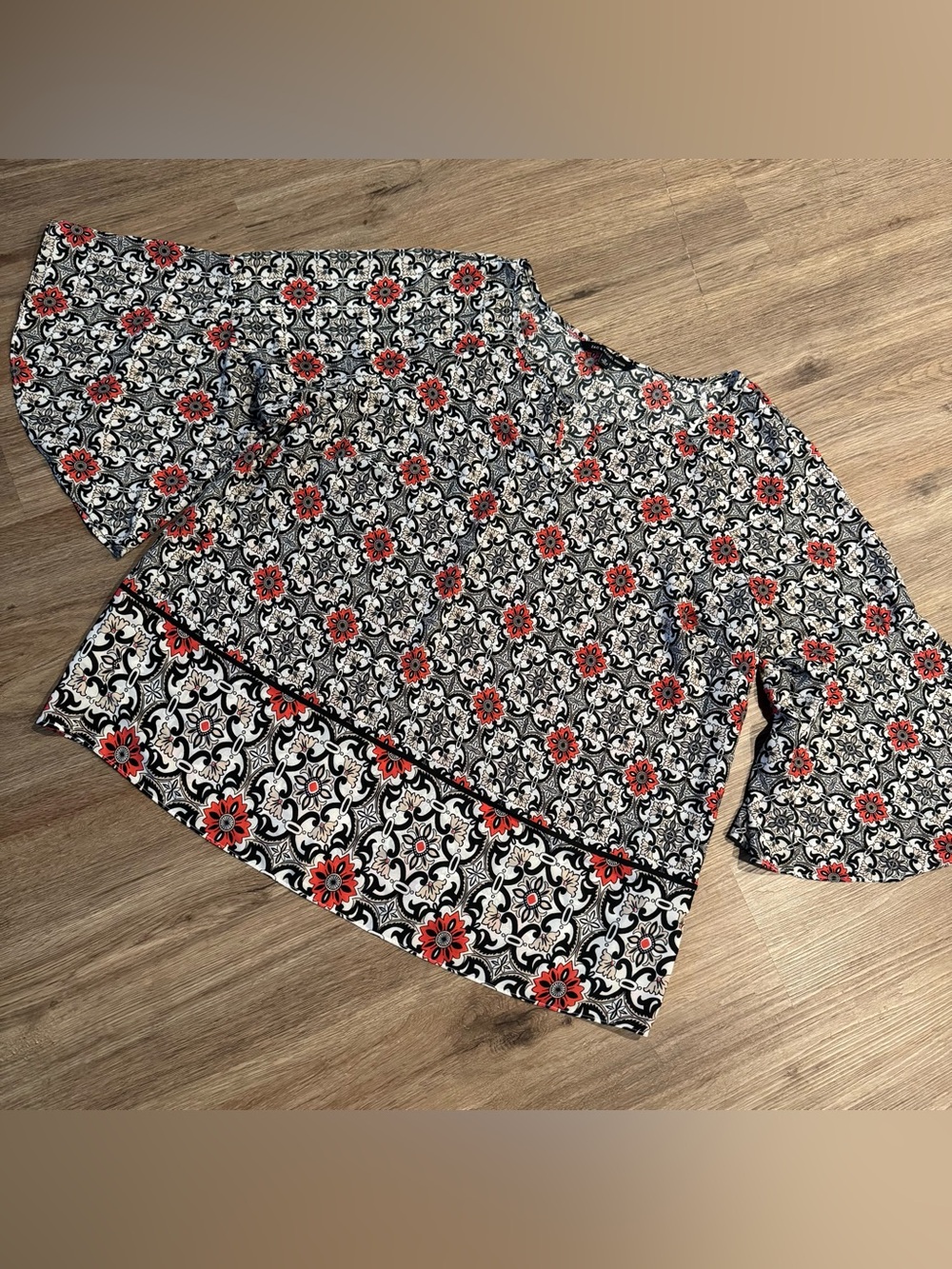 Zac & Rachel Black, White and Red Floral Tile Print Blouse